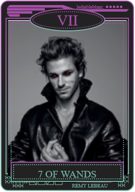 photo of gaspard ulliel, edited to have red irises, with a tarot card template of 7 of wands overlaid